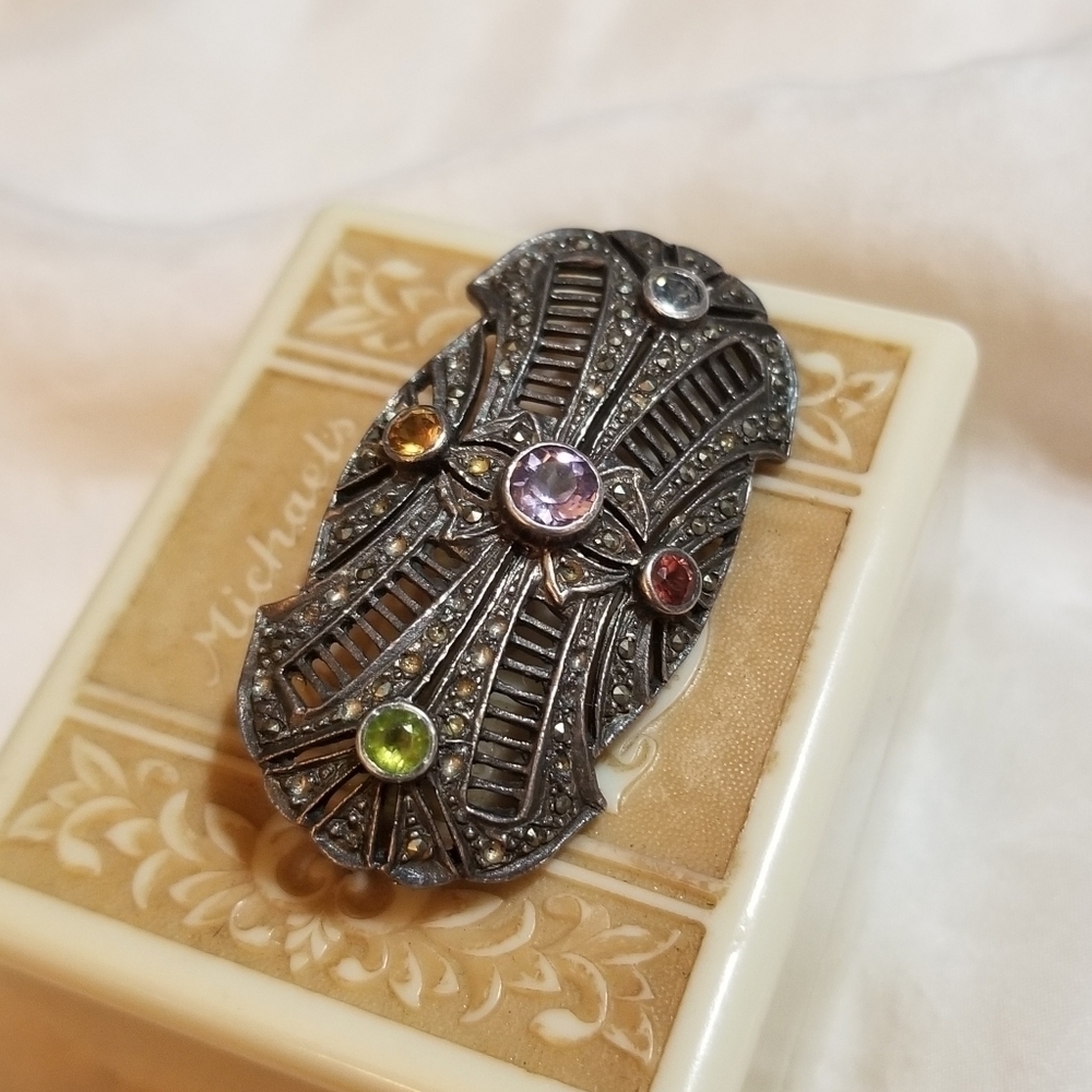 1930s Deco Sterling Filigree Gemmed Brooch - Picture 4 of 6